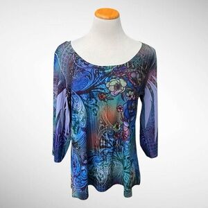 NWT Avenue Ribbed Scoopneck Filigree Floral 3/4-Sleeve Top